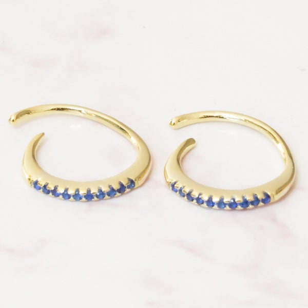 925 earrings, tusk huggies, Sapphire blue, open hoops, gold huggies, tiny hoops, pave, cz gold earrings, gold hoop earrings, small earrings