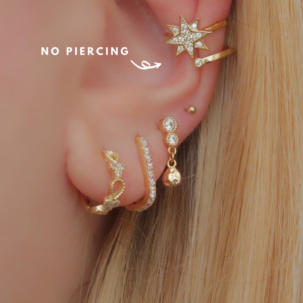 925 earrings, Starburst EARCUFF, gold earcuff, star earring, pave star cuff, silver ear cuff,  wrap, adjustable, cartilage, no piercing