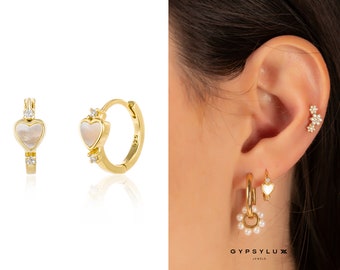 Mother of pearl heart earrings, heart huggies, gold huggies, tiny hoops, dainty huggies, cz pave hoops, gold hoop earrings, minimalist hoops