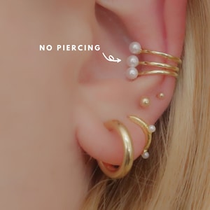 925 earrings, pearl EARCUFF, gold ear cuff, triple pearl earring, pearl earring, wrap, adjustable, cartilage, no piercing, open hoops, pave