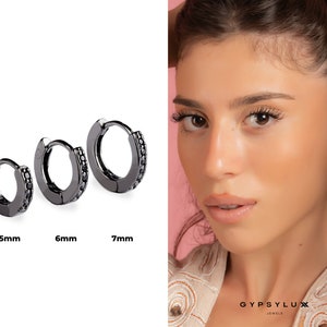 Black gun huggies, tiny earrings, cz huggies, black cz huggies, thin huggies, tiny hoops, minimal earrings, helix piercings, delicate huggie