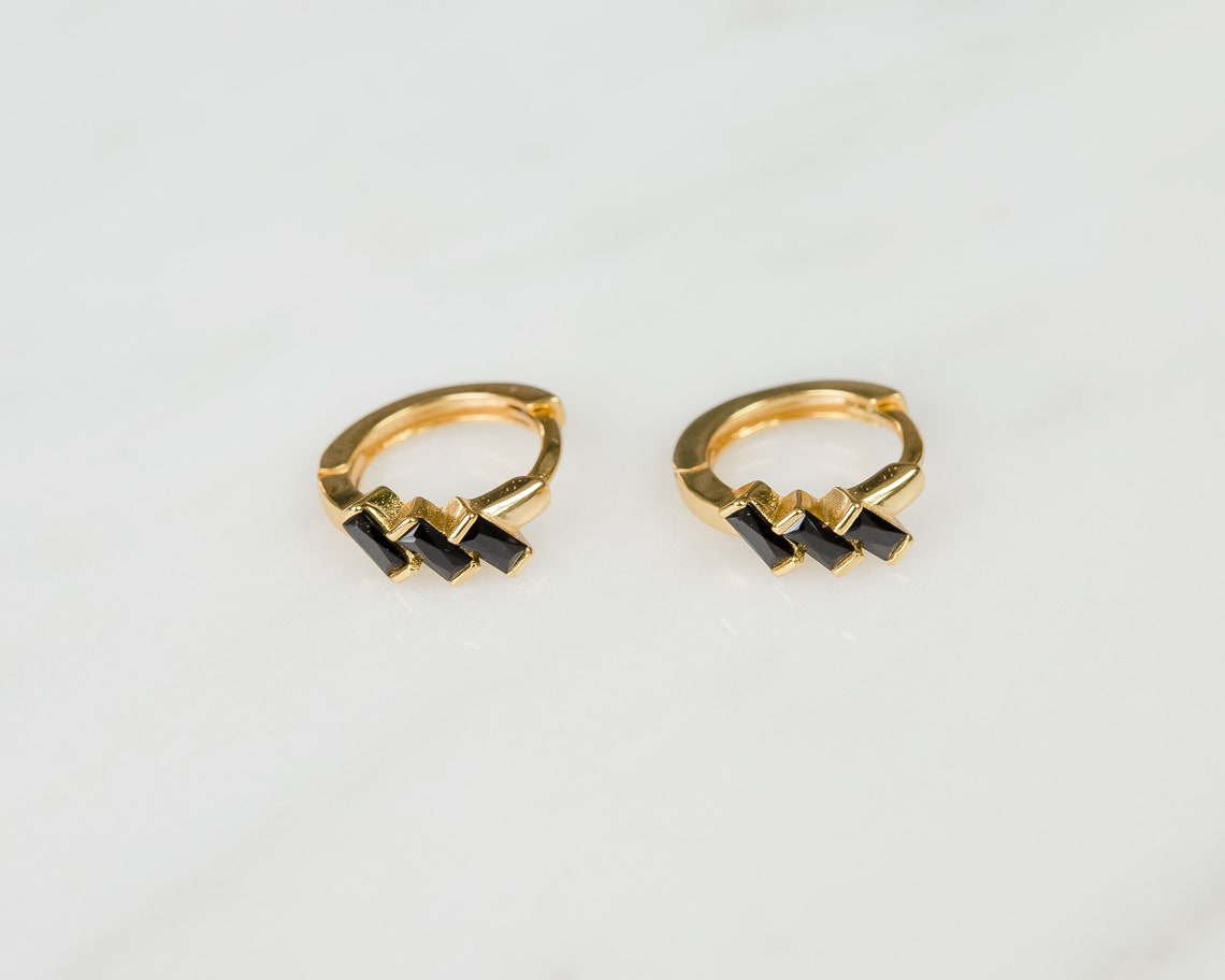 925 Earrings Gold Hoops Gold Hoop Earrings Black Cz Cz | Etsy