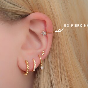 925 earrings, flower earrings, ear cuff, gold earcuff, gold earring, gold hoop earring, adjustable, no piercing, open hoops, tiny