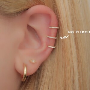 925 earrings, Triple gold ear cuff, gold earcuff, cz earring, wrap earring, wrap, adjustable, cartilage, no piercing, pave hoops, gold hoops