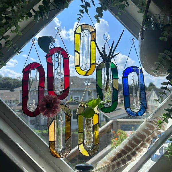 Quilted Stained glass plant propagation station suncatcher