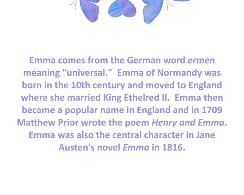Emma Name Meaning Printable Art. Purple and Blue Butterflies | Etsy