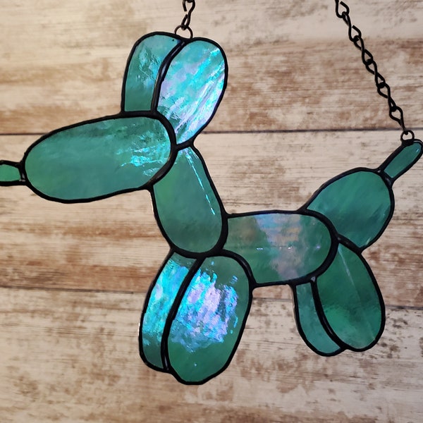 Iridescent aqua stained glass balloon animal suncatcher