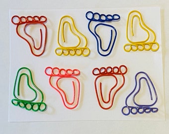 Set of 8 foot feet toes plastic-coated colourful colorful metal paper clips for stationary, cards, pictures, scrapbooking, art projects.