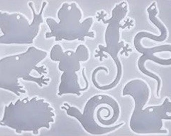 3D silicone resin mould - earrings, pendant, charm jewellery, 9 cute animals 13 x 9 x 0.4 cm - snail snake frog mouse chameleon hedgehog