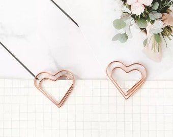 Set of 10 Heart Love Copper rose-gold-coloured metal paper clips for stationary, cards, pictures, scrapbooking, art projects, wedding