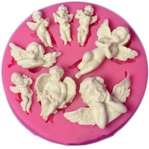 Cute winged cherub cherubs angel angels detailed silicone resin craft clay mould mold - jewellery.  Christmas, christening 3D cards and more