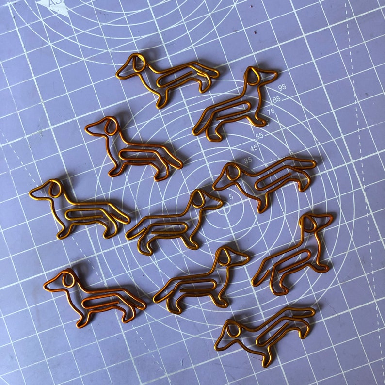 Set of 10 quality Sausage Dog Dachshund gold/copper coloured metal paper clips for stationary, cards, pictures, scrapbooking, art projects. image 3