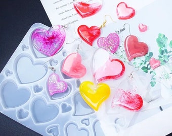 3D silicone resin mould - earring earrings, pendant, jewellery, multiple sizes of love heart themed designs 13 x 18 x 0.6cm