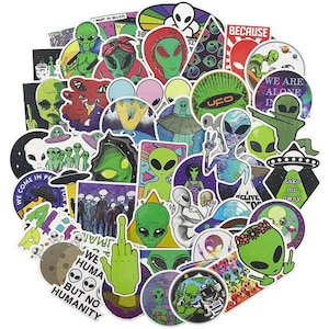 May include: A collection of 50 colorful alien-themed stickers. The stickers feature various designs, including aliens, UFOs, planets, and phrases like "We Come in Peace" and "We Are Alone in the Universe".