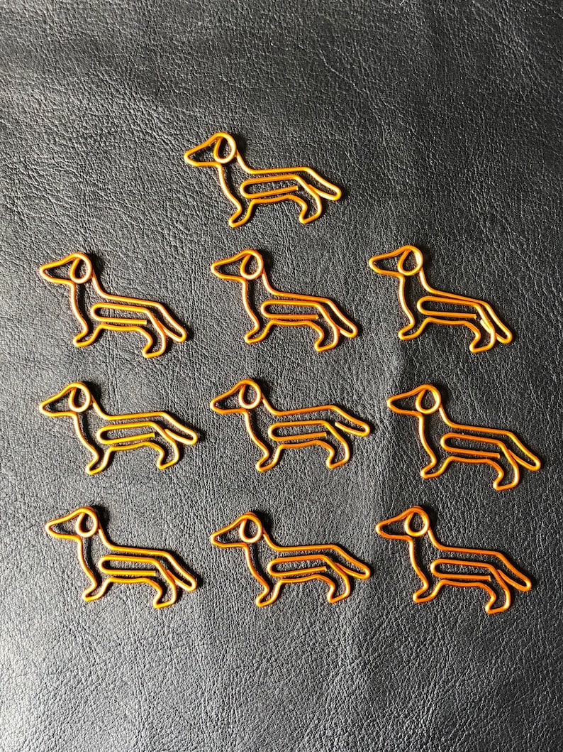 Set of 10 quality Sausage Dog Dachshund gold/copper coloured metal paper clips for stationary, cards, pictures, scrapbooking, art projects. image 2