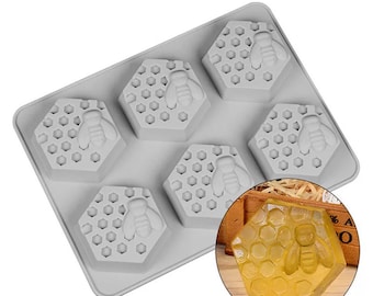 Beautiful Honeycomb and Bee 6 cavity soap mould / mold for 3D hexagonal soaps, holds approx 80g, for cake, sweets, chocolate - silicone