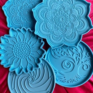 Large silicone resin coaster mould mold magic tree, mandala, scallop shell sunflower, geometric - 12cm diameter to 15.5cm (large mandala)