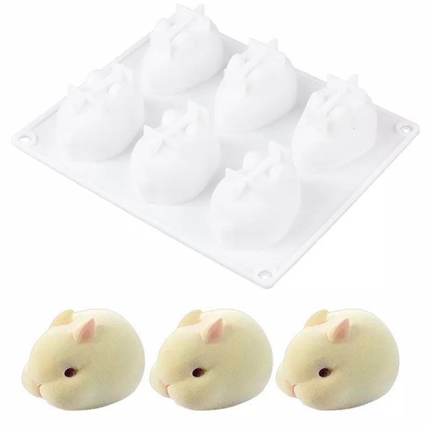 X1 6 cavités en forme de lapin bougie savon moule/moule à gâteau/moule chocolat, sucré, gelée (la cavité fait environ m de taille d'oeuf) - silicone souple blanc