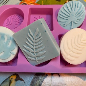 Olive palm leaf 6 cavity soap mould / mold for 3D oval, square, circle, rectangle, holds approx 75ml, cake, chocolate - 22 x 17 x 2.2cm deep