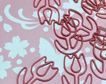 Set of 8 quality tulip flower pink coloured metal paper clips for stationary, cards, pictures, scrapbooking, art projects.