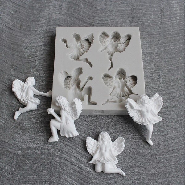 Small (9 x 8 cm x 1 cm) 4 x fairy faerie nymph angel images in silicone mould / mold cake, resin, chocolate, icing, jewellery