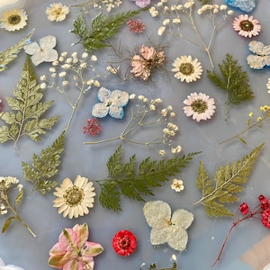 May include: A light blue resin tray with a wavy edge, featuring an assortment of dried flowers and foliage. The design incorporates white daisies, pink and purple flowers, and green fern leaves, offering a natural, decorative aesthetic.