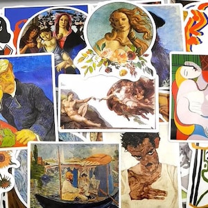 May include: A collection of colorful stickers featuring famous paintings. The stickers include images of The Creation of Adam, The Birth of Venus, The Kiss, and The Starry Night.