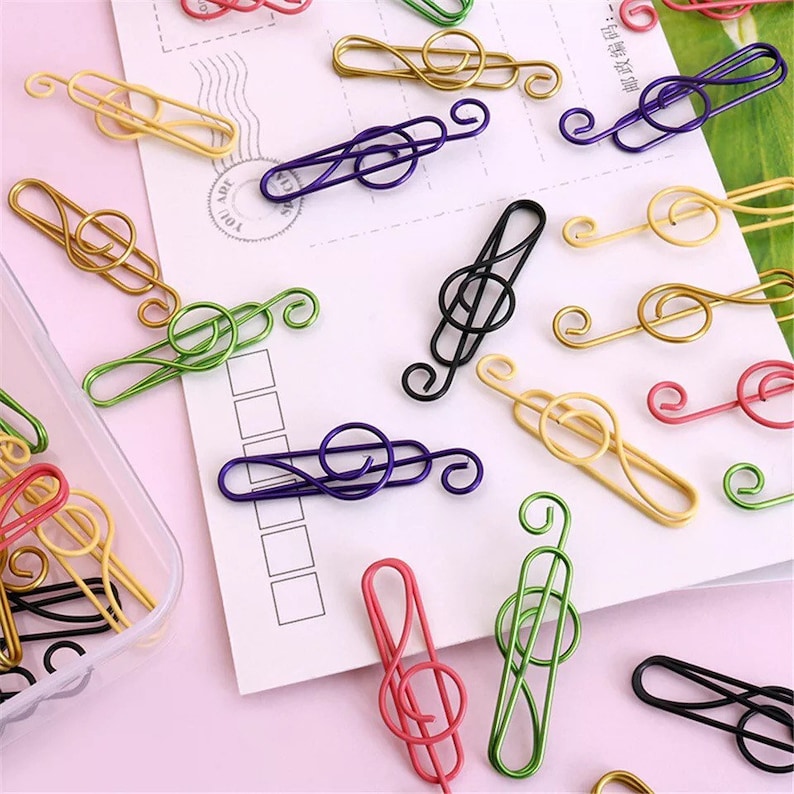 Set of 10 quality music musical treble clef coloured metal paper clips for stationary, cards, pictures, scrapbooking, art projects. image 1