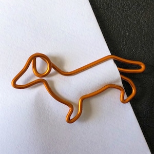 Set of 10 quality Sausage Dog Dachshund gold/copper coloured metal paper clips for stationary, cards, pictures, scrapbooking, art projects. image 1