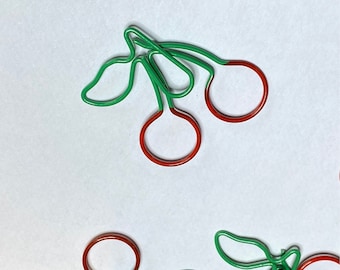 Set of 5 quality cherry fruit red and green coloured metal paper clips for stationary, cards, pictures, scrapbooking, art projects.