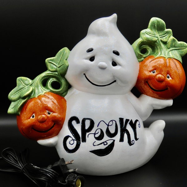 Spooky Ghost Holding Pumpkins Lighted Hand-Painted Acrylic Ceramic