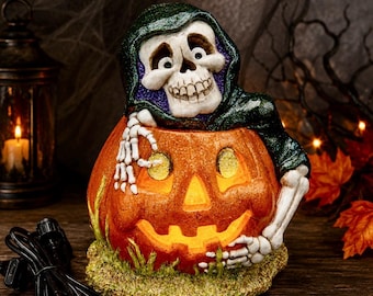 Hand-Painted Lighted Skeleton in Jack-O-Lantern/Halloween Ceramic Decor/One-of-a Kind Spooky fall Display