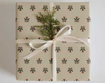 Festive Floral Wrapping Paper | Small Red Flowers & Green Leaves | Beige Background Christmas Gift Wrap
