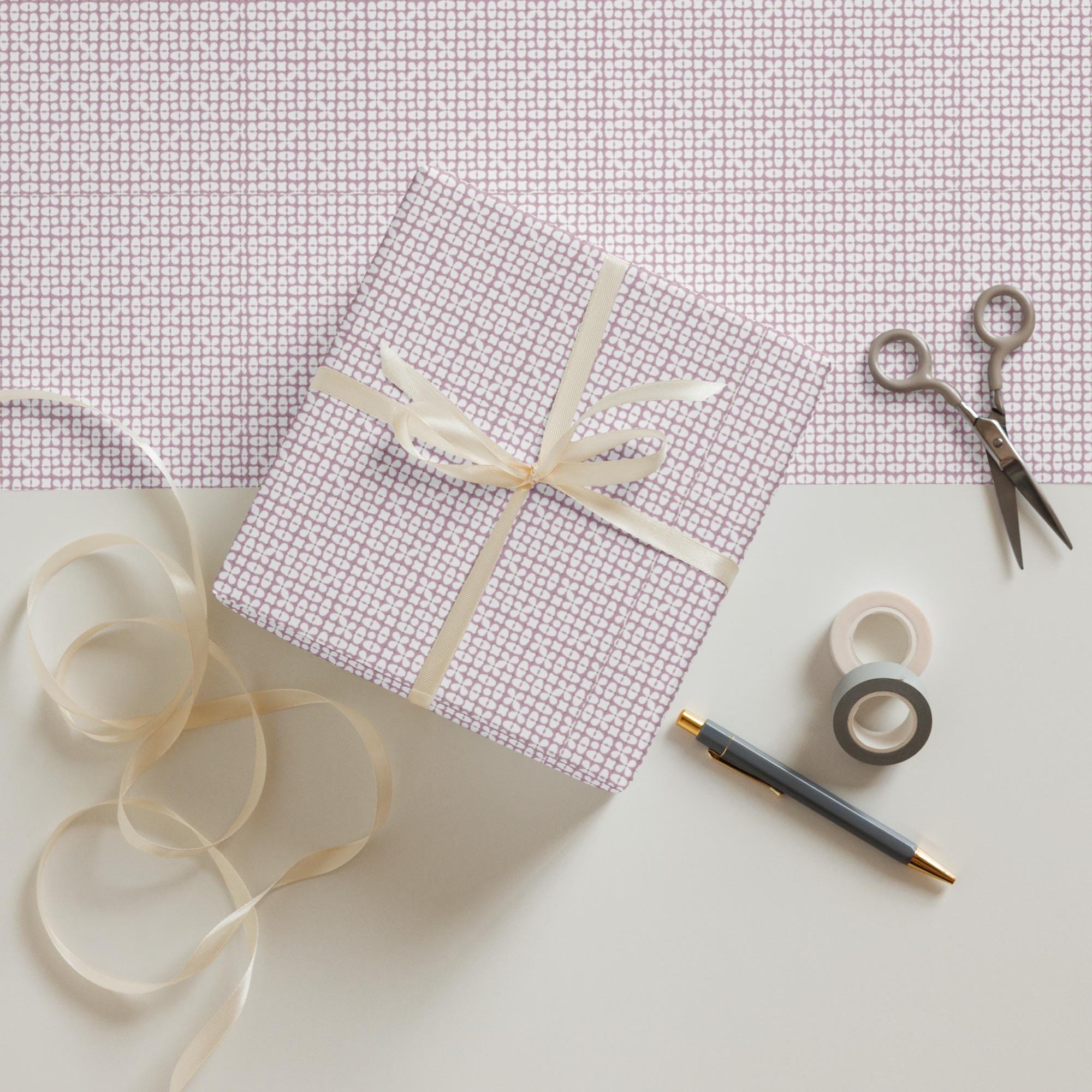 Retro bloemen inpakpapier – jaren 70 paarse geometrische cadeaupapiervellen, cadeaupapier babyshower, midden van de eeuw modern papier voor haar, set van 3