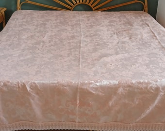 Vintage satin silk cotton  mix blanket, vintage bedspread, retro bedcover, throw blanket, very soft pastel salmon pink coloured bedcover