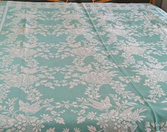 Fantastic vintage cotton woven blanket, bedspread, turquoise bedcover.