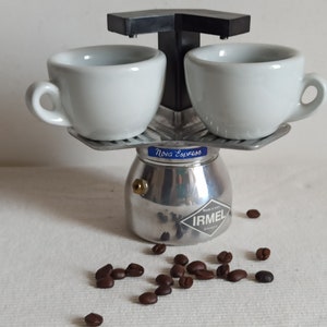 Quirky two cup aluminium stovetop espresso maker, Irmel, Nova Express, vintage Italian moka pot, 1960s
