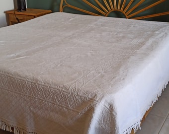 Vintage cotton pique woven blanket, bedspread, white bedcover.