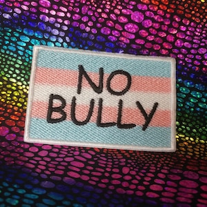 May include: A blue, pink, and white embroidered patch with the text "NO BULLY" in black. The patch is designed to look like the transgender pride flag.