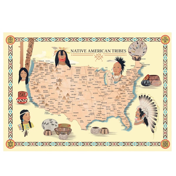 Map of Native American Indian Tribes in the USA - History Poster  - Aboriginals Territory Tribal Spirit Nation - Wall Art Home Decor