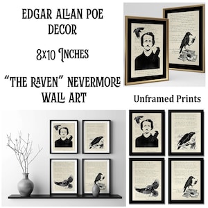 Edgar Allan Poe Collection of 4 Unframed Gothic Art Prints (8x10 inch)- The Raven, Nevermore, Dark Academia Decor Allen Poe Quote Poems