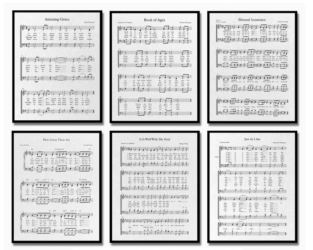 Sheet Music - Old Hymnal Pages - 6 Gray Hymn Wall Art Prints Plus ...