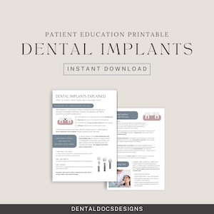 Puede incluir: Una hoja imprimible de educación para el paciente titulada "Implantes Dentales" con las palabras "Descarga instantánea". El documento explica los implantes dentales, incluyendo el poste del implante, el pilar y la corona. El diseño es en tonos neutros.