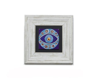 AUTHENTIC TILES Framed Ceramic Table Turquoise Ground Eye Evil Eye Bead Decorated 23x23 Cm