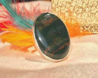 Boho Ring, Natural Bloodstone Ring for her, 925 Sterling Silver Ring for Women, Blackish Green Gemstone Ring, Handmade Ring Gift for her