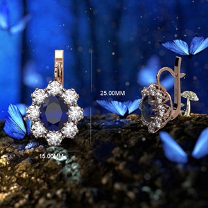 Oval Blue Sapphire Halo Earrings for Women • Designer Earrings for her• Sterling Silver Snap Closure Earrings for Bride• Fashion CZ Earrings
