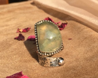 Boho Ring, Natural Prehnite Ring for her, 925 Sterling Silver Ring for Women, Green Gemstone Ring, Handmade Ring Gift for her,Statement Ring