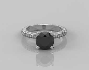 2.00 Ct Round Solitaire Engagement Ring / 14k Solid Gold Black CZ Ring for her / Pave Band Black Diamond Ring for Women / Four Prong Ring