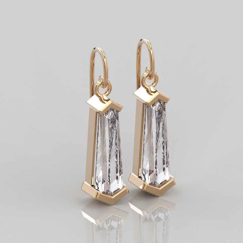 14K Solid Gold Drop Earrings Tie Cut Diamond Earrings Women Kite Diamond Earrings Coffin Diamond Earrings CZ Drop Dangle Earrings image 1