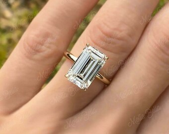 Emerald Diamond Ring for Women, 4.5 Carat Emerald Cut Diamond 14K Yellow Gold Solitaire Engagement Ring for Bride, Emerald CZ Ring for her